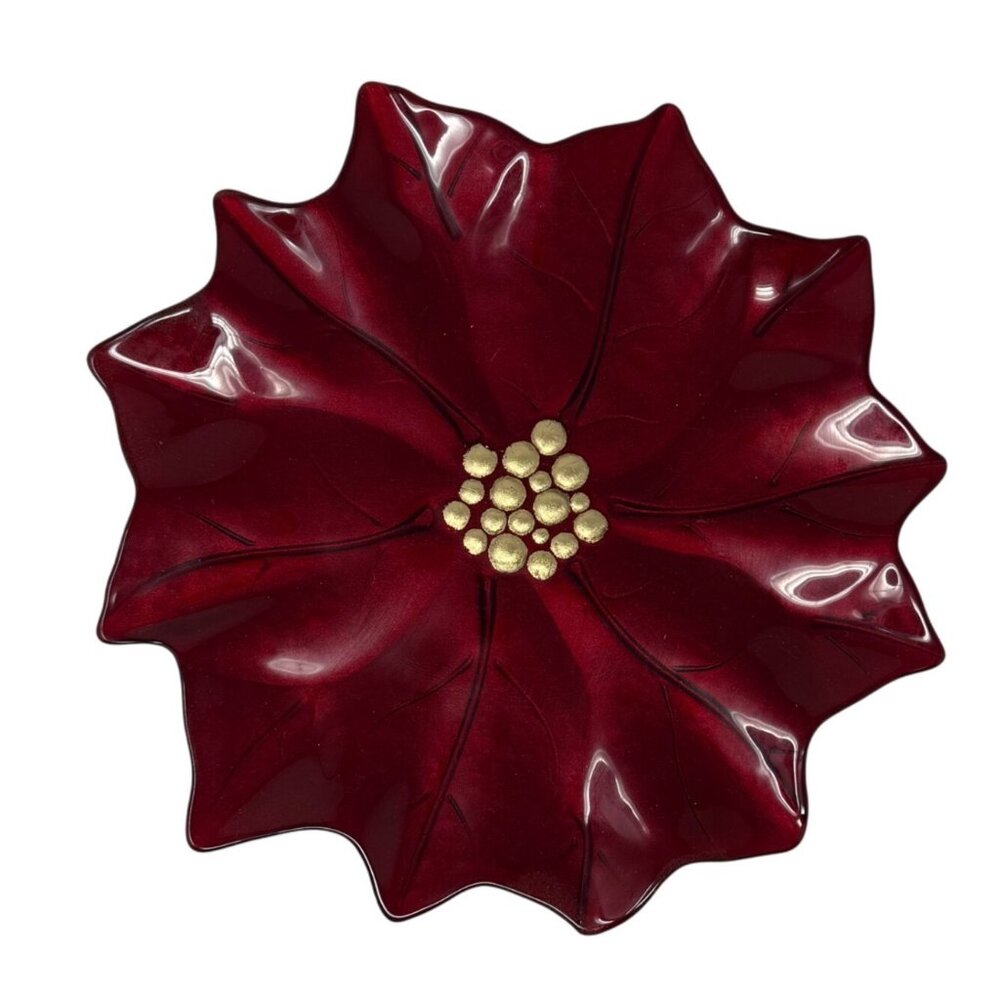 Vintage Pier 1 Poinsettia Glass Platter Red Gold Holiday Serving Platter 14.5” D